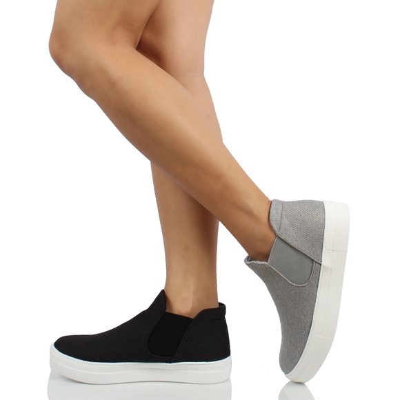 Shoes - Black Round Toe Canvas Elastic Slip On Loafer Shoe